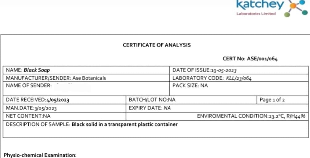 Ase Black Soap certificate